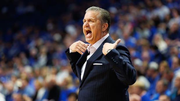 Nov 6, 2023; Lexington, Kentucky, USA; Kentucky Wildcats head coach John Calipari calls a timeout during the first half against the New Mexico State Aggies at Rupp Arena at Central Bank Center. Mandatory Credit: Jordan Prather-USA TODAY Sports